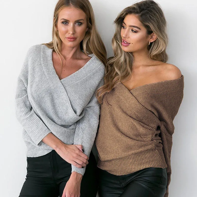 

Women Sweater Knitted Deep V Neck Long Sleeve High Street Loose Sweaters Pullover Jumper Autumn Winter Mujer Jumper