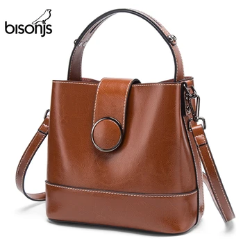 

BISONJS Leather Vintage Casual Tote Top-Handle Women Messenger Bag Luxury Handbag Female Shoulder Crossbody Bag 1754
