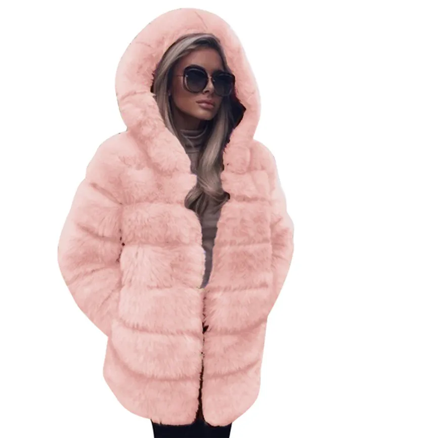 Pink Новинка года; зимние женские шубы из норки; модная теплая куртка из искусственного меха; однотонная Толстая Дамская Шуба; Верхняя одежда; куртка - Цвет: Pink