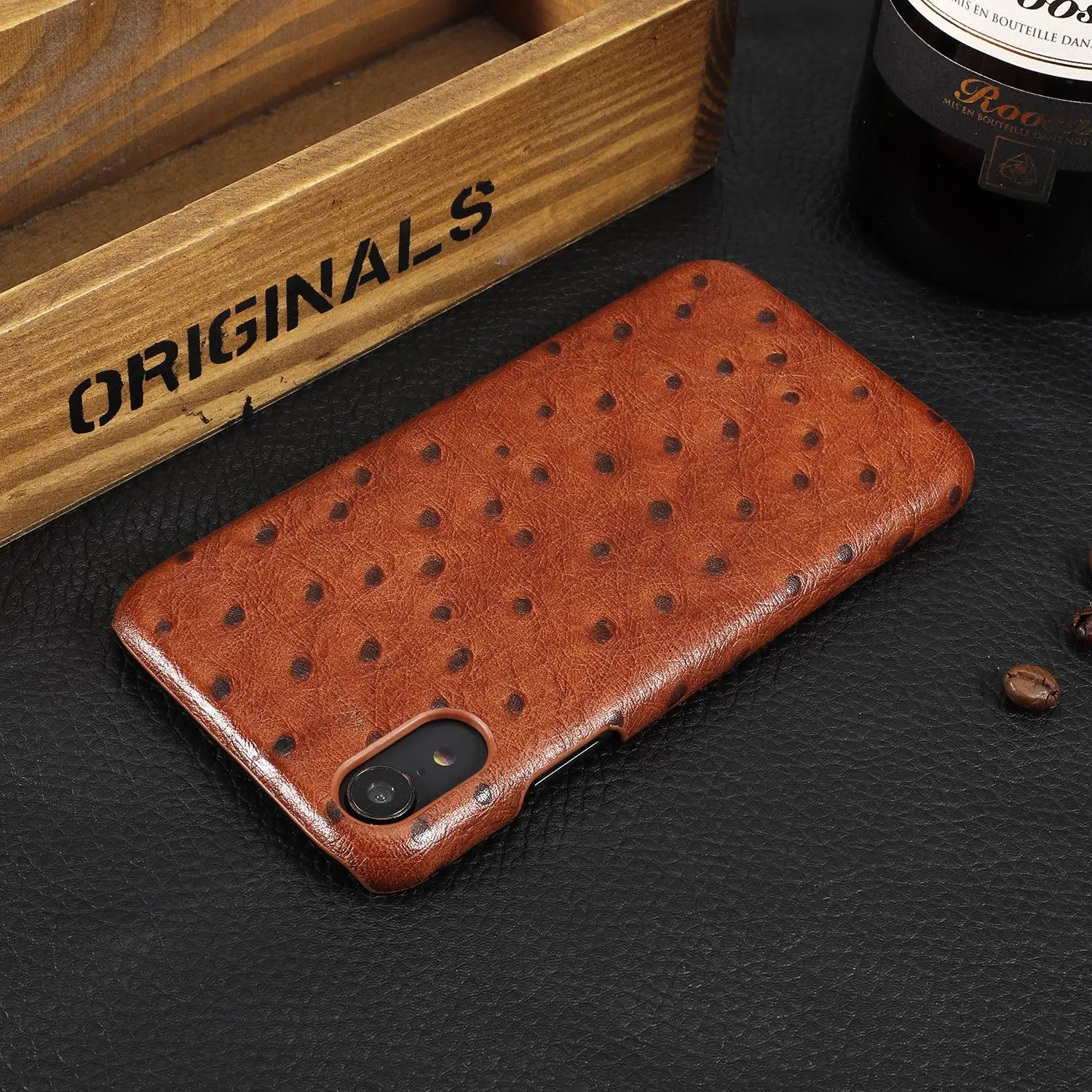 Новинка для iPhone 7 8 Plus X XR XS MAX настоящая воловья задняя крышка из натуральной кожи коровья кожа чехол для телефона страусиное зерно - Цвет: Коричневый