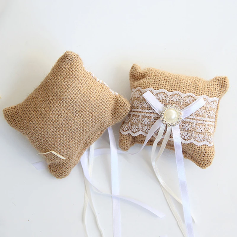 Vintage Rustic Wedding Ring Pillow for Wedding Decoration Linen Lace Rhinestones Pearl Decor with Ribbons