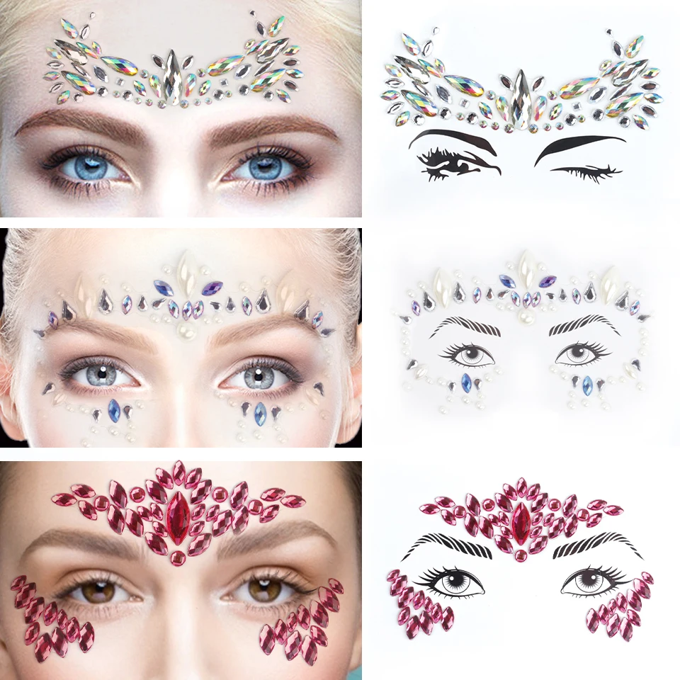 Face Metallic Temporary Tattoo Sticker Face Gems Mermaid Jewels Rave Crystal Gems Eye Body Stickers for Festival Party