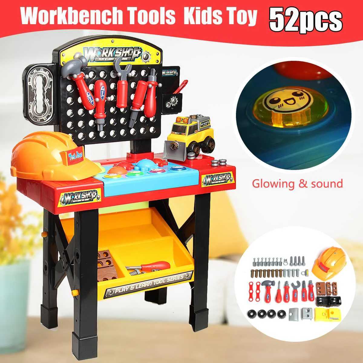 

52Pcs/Set Role Play Toy Children DIY Workbench Drill Hammer Nut Repairing Tool Kit With Sound Light Children Pretend Play Toys