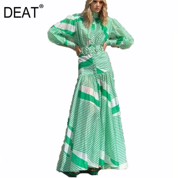 

DEAT 2020 new autumn turn-down collar lantern sleeves turtleneck high waist striped printing single breasted A-line long dress