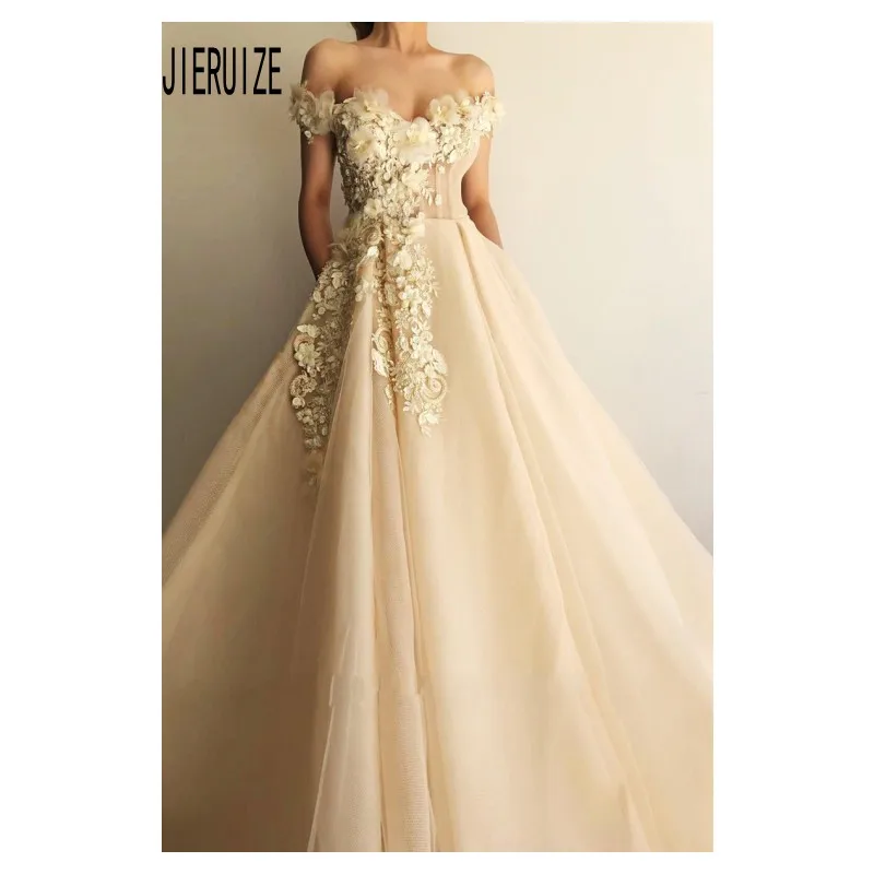 

JIERUIZE Charming Off Shoulder Wedding Dresses Champagne Tulle A Line Appliques Beaded Bridal Gown With Hand Made Flowers