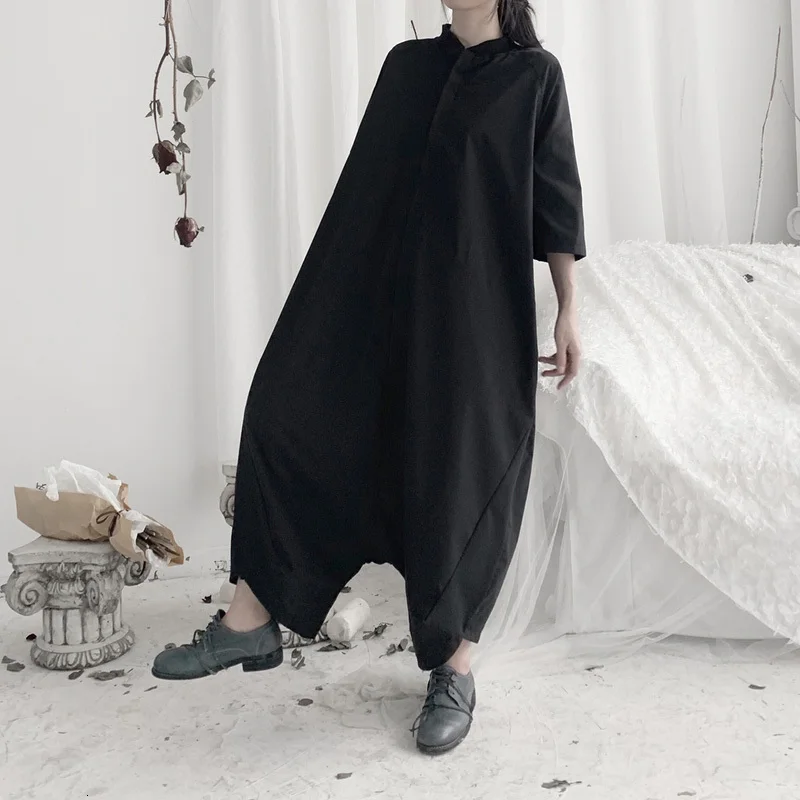 [EAM] Loose Fit Women Black Long Wide Leg Jumpsuit New High Waist Pocket Stitch Pants Fashion Tide Spring Autumn 2020 19A-a632