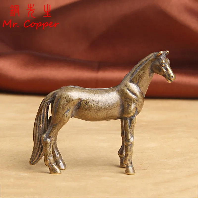 Antique Brass Solid Long Tail Horse Figurines Miniatures Feng Shui Ornaments Copper Zodiac Animal Mini Desktop Decoration Crafts