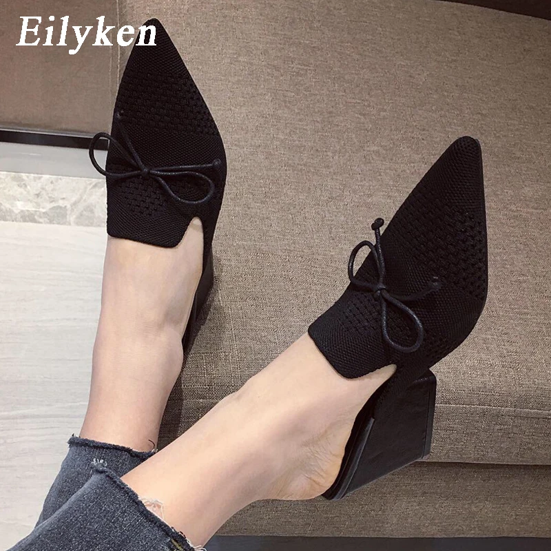 Eilyken/Новинка; Модные дышащие женские тапочки из эластичной ткани с бантом; женские шлепанцы с острым носком на квадратном каблуке; шлепанцы без задника