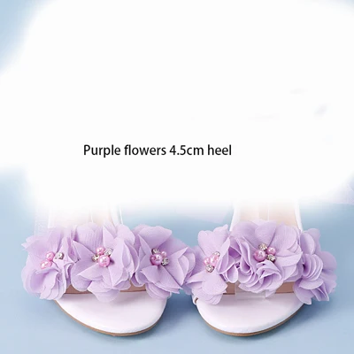 purple flowers 4.5cm Женские босоножки белая свадебная обувь Летняя элегантная Кружевная повязка на запястье со словами белый цветок крест с открытым носком толстый каблук Новинка - Цвет: purple flowers 4.5cm