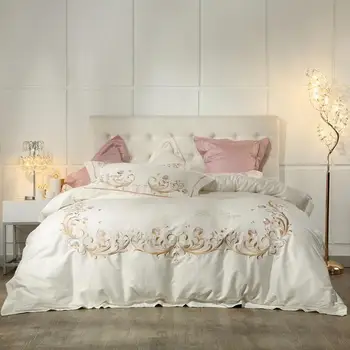 

J2Cream White Purple Grey Egyptian Cotton Bedding set King Queen size Bed sheet set linens Embroidery Duvet Bed cover Pillowcase