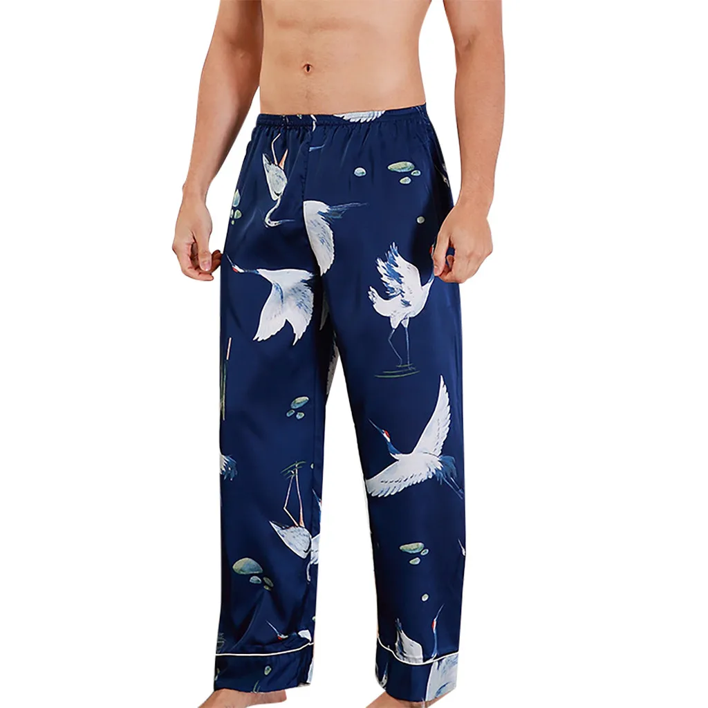 

Men's Sleep Pants Bottoms Pajamas Simulation Silk Sleepwear Comfortable Male Home Wear Underwear Lingerie Print Long Sleep Pants