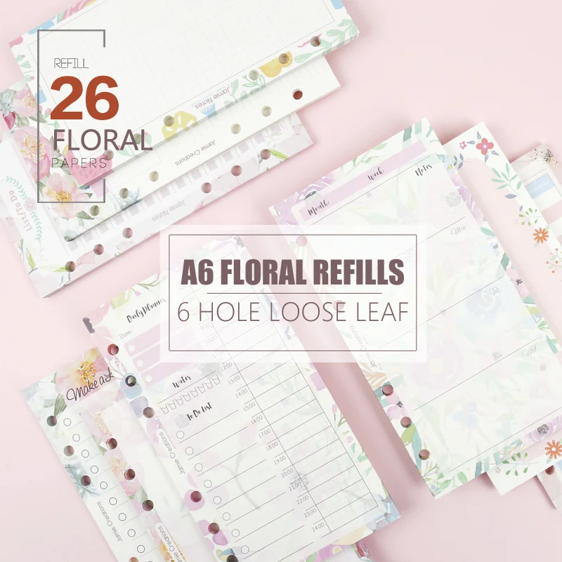 

MyPretties 40 Sheets Floral Refill Papers Blank Ruled Daily Weekly Planner A6 for 6 Hole Binder Organizer Notebook Papers