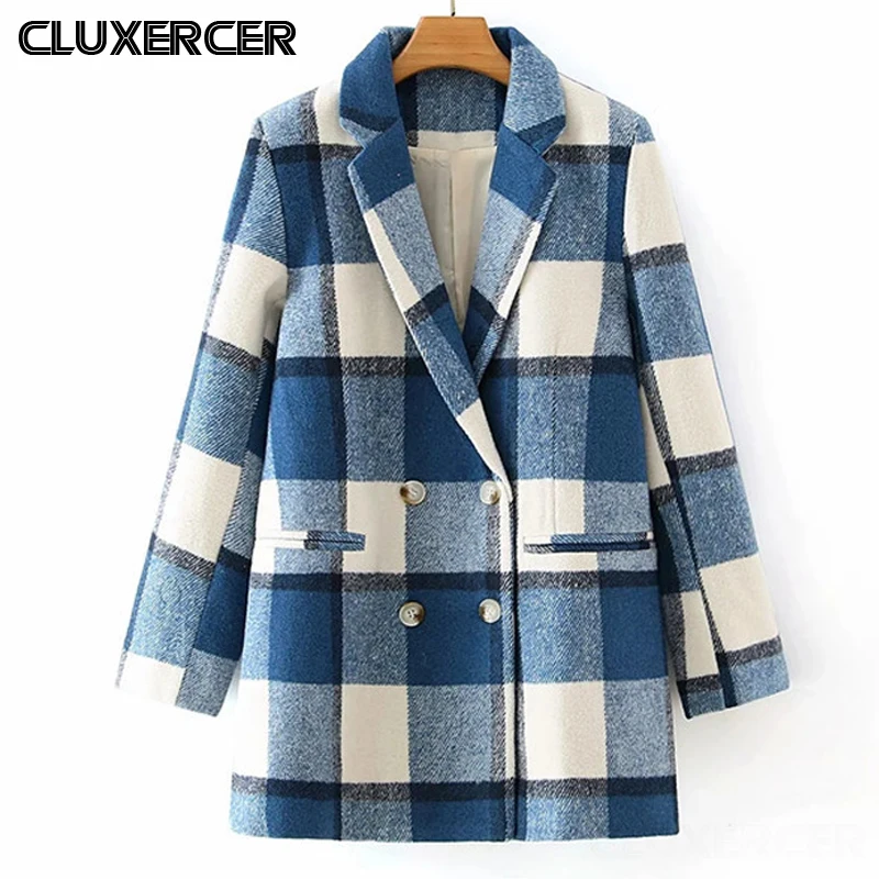 

2020 Autumn Winter Women Vintage Plaid Wool Long Blazers Jacket Elegant Double Breasted Loose Office Lady Suit Jackets