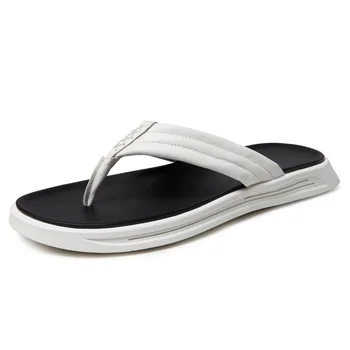 

Summer Men Genuine Leather Slippers Beach Shoes Black Flip Flops Sandals White Luxury Mens Slides Outdoor Designers Slippers