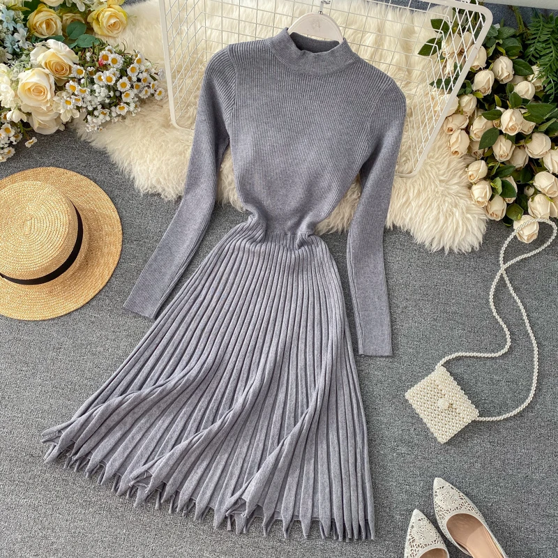 Винтажное теплое платье, Vestido de festa, тонкий осенний зимний вязаный свитер, миди платья для вечеринок, ТРАПЕЦИЕВИДНОЕ женское плиссированное платье