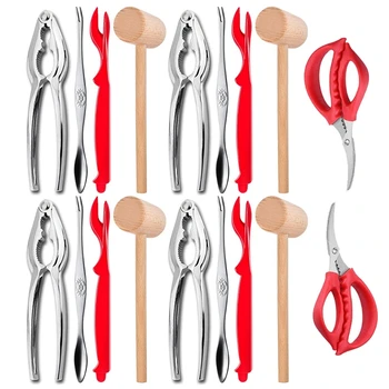 

18 Pcs Seafood Tools Set Including 8 Forks 4 Lobster Crackers Nut Cracker and 4 Lobster Crab Mallets 2 Seafood Scissors