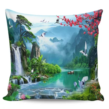 

Mountains Waterfall Crane Boat Flower Jungle Pillow Cases Living Room Sofa Chair Pillowcases Home Decor Square Cushion Covers