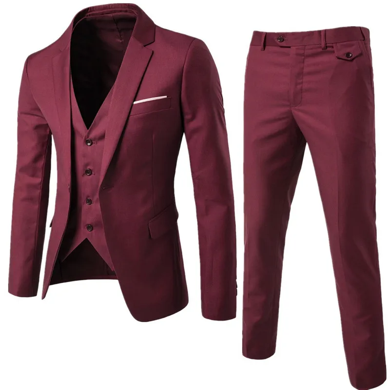 Пиджак+ брюки+ жилет) роскошный мужской свадебный костюм, мужские блейзеры, приталенные костюмы для мужчин, деловой вечерний синий классический черный - Цвет: 3pcs wine red