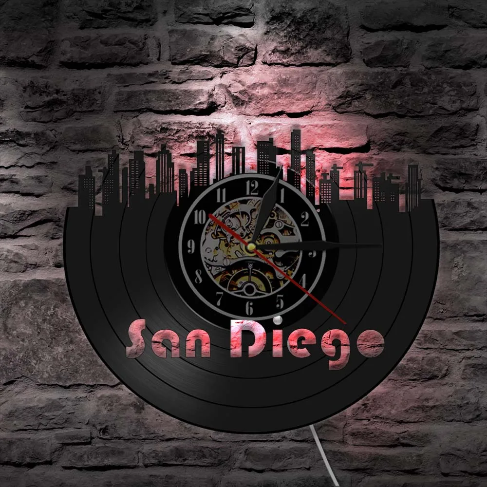 San Diego Cityscape 3D Wall Clock Skyline Vinyl Record Clock Handmade Retro Decorative Wall Clock Tourist Souvenir