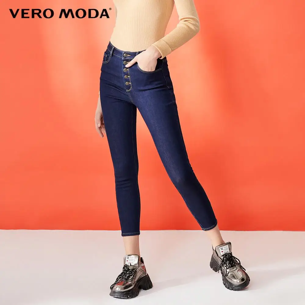 J3E Indigo blue Vero Moda женские облегающие Стрейчевые джинсы с высокой посадкой и декоративными пуговицами с начесом | 319349555 - Цвет: J3E Indigo blue