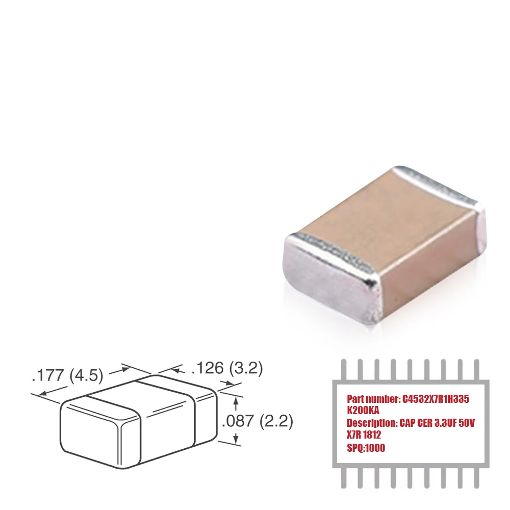 Моя группа Азии 1000 шт. C4532X7R1H335KT000N 1812 SMD X7R с алюминиевой крышкой 50В 3 мкФ 10%