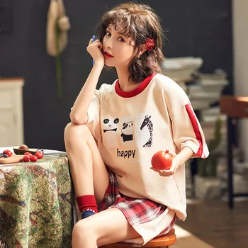 

Pajamas women's summer cotton loose stitching short-sleeved cartoon outdoor wear home clothes set two colors optional