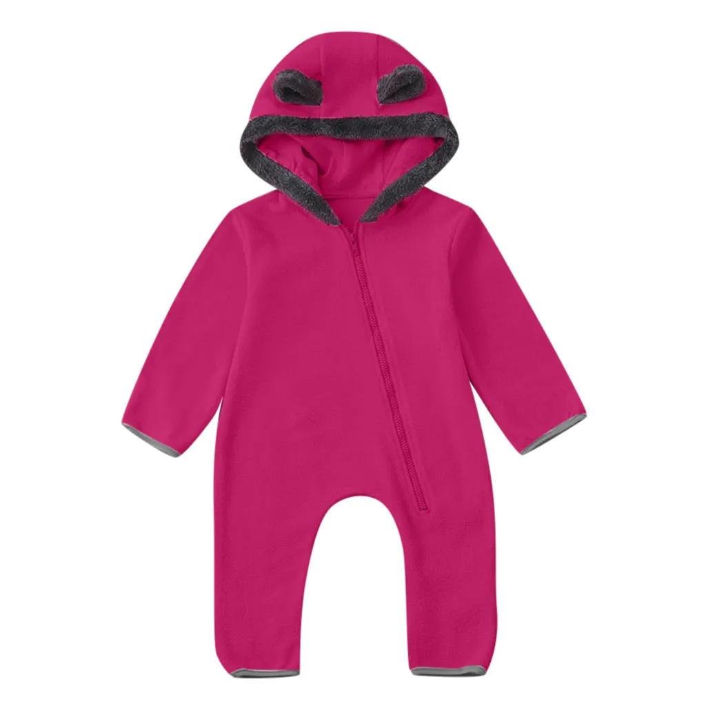Hot Pink Зимние Детские Ползунки Одежда для новорожденных девочек мальчиков сплошной мультфильм флис уши балахон комбинезон одежда новорожденного пальто на молнии - Цвет: Hot Pink