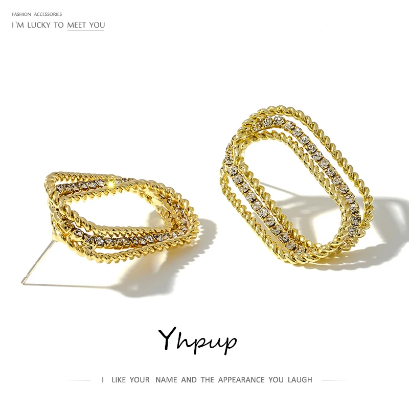 Yhpup Модная медная 14 K позолоченные серьги-гвоздики геометрические Стразы, роскошные массивные очаровательные аксессуары для женщин, вечерние, подарок