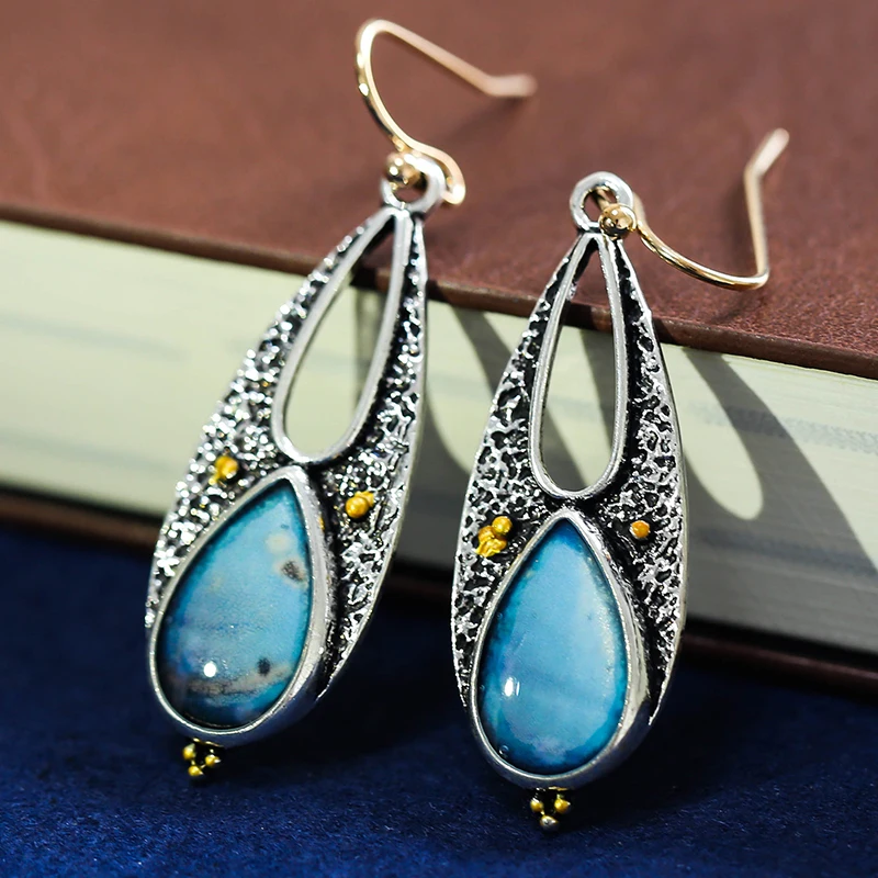 Женские винтажные серьги из синей смолы в этническом стиле бохо металлические