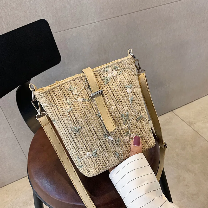 

New Arrival Bag WOMEN'S Bag New Style 2019 Online Celebrity Cool Versatile Shoulder Bucket Bag Embroidered Weaving Straw Bag