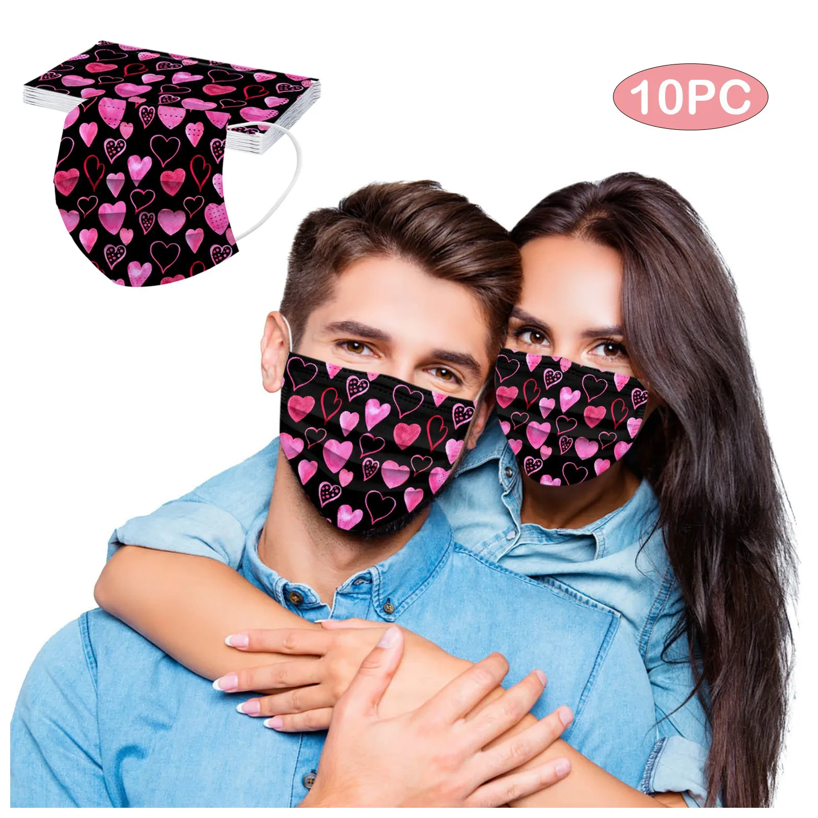 Red Black Heart Disposable Face Masks Adult Couples Valentine's Day Safety Masks For Men And Women Mascarillas Desechables 10pc
