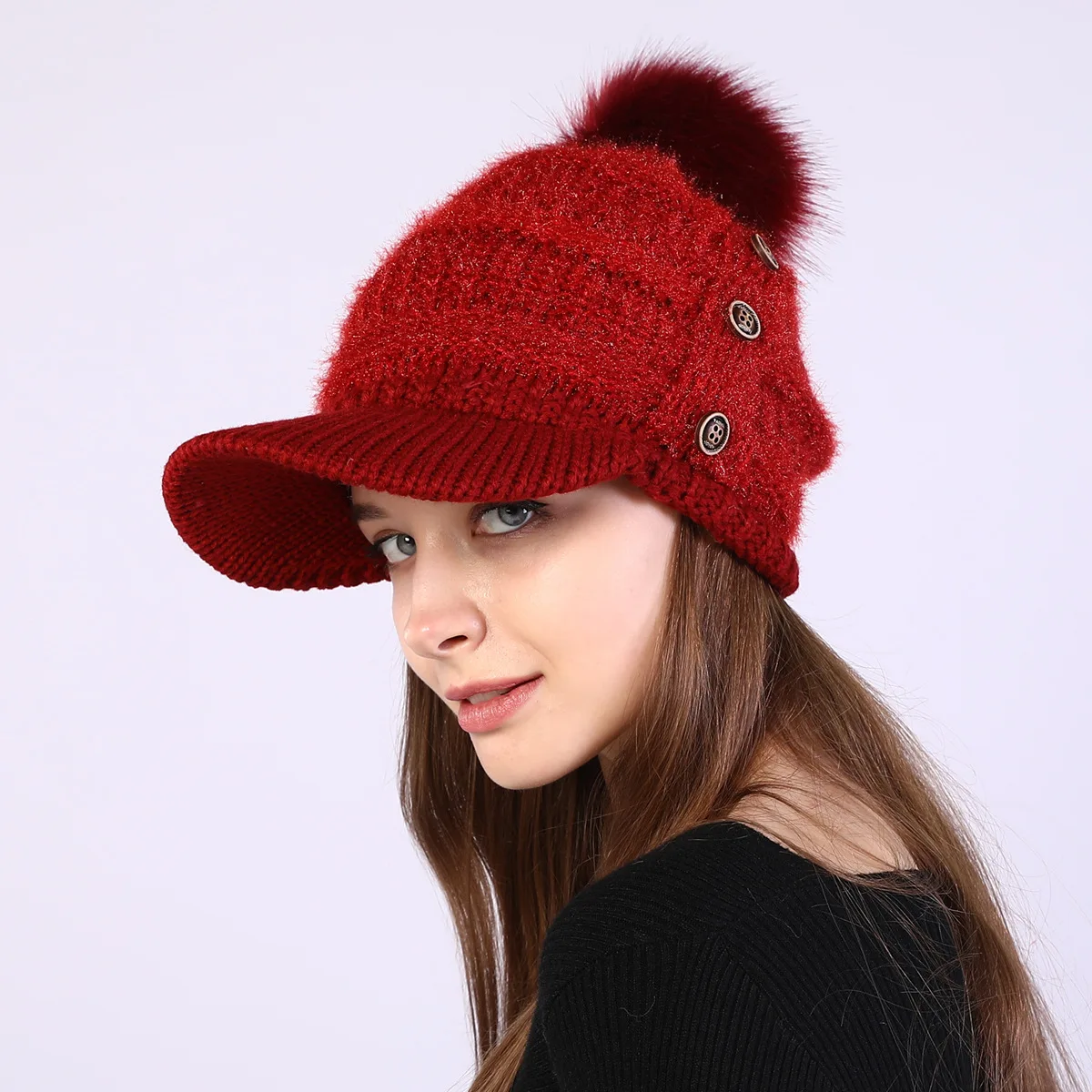 OMEA Женская Козырек бини зимняя теплая шерстяная вязаная шапка с помпоном плюс бархатная утолщенная уличная козырьковая шапка Корейская версия - Цвет: Red