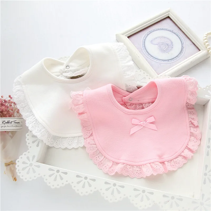 1Pcs Korean Style Baby Girl Bibs Cute Lace Bow Saliva Towels Burp Cloth Cotton Pure Color Infant Clothes Accessories