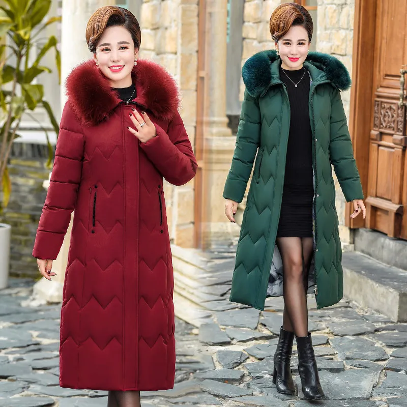 

Middle-aged Women Dress Winter Long over-the-Knee down Jacket Cotton-padded Clothes Coat Women's Middle-aged 200 Hooded Warm Cot