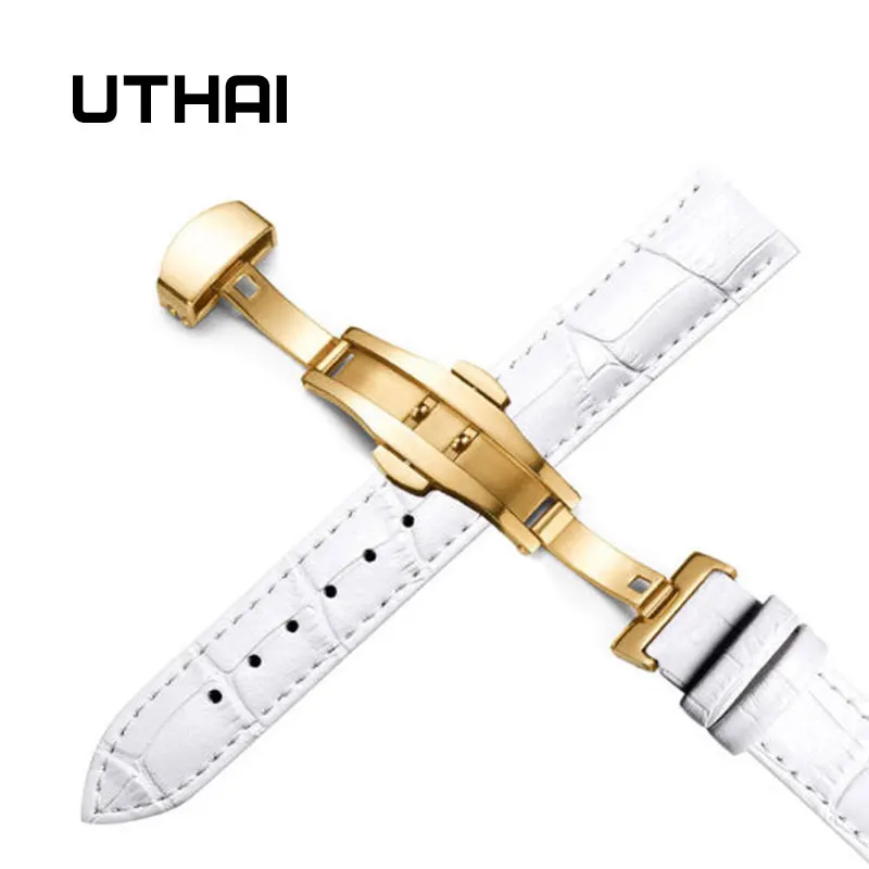 Gold-white UTHAI Z09 Plus Ремешки для наручных часов из натуральной кожи 12-24 мм Универсальные часы с бабочкой и пряжкой стальной ремешок с пряжкой 22 мм ремешок для наручных часов - Цвет ремешка: Gold-white