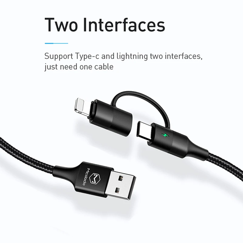 Mcdodo usb type-C кабель для samsung Redmi Note 7 USB кабель 2 в 1 быстрая зарядка для iPhone X XR XS Max телефон зарядное устройство Дата-кабель