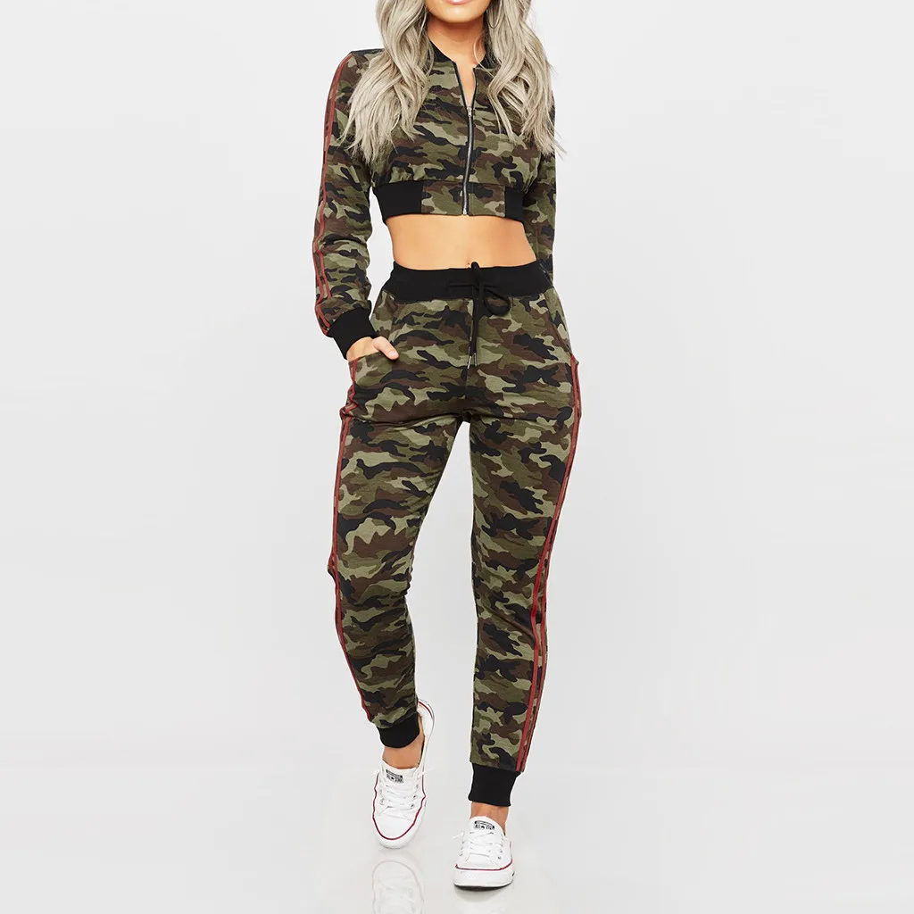 Casual Suit Fashion Women Clothing Long Sleeve Pocket Lacing Zipped Camouflage Print Pants Casual Set Outdoor Sport Running Suit