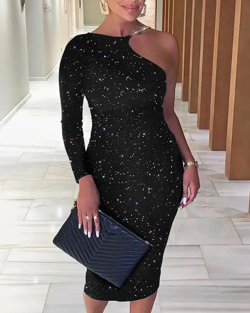 glittering off shoulder bodycon midi dress