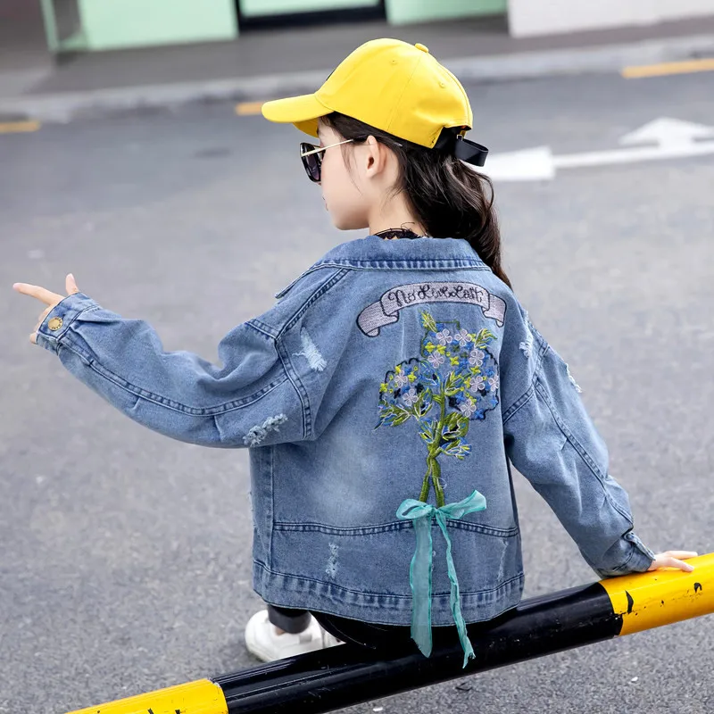 

Childrenswear 2019 Autumn New Style Girls' Jean Jacket Korean-style Big Boy Embroidered Ribbon Western Style Short Coat Fashion
