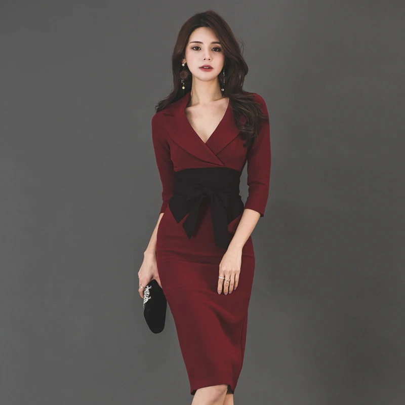 

HAYBLST Brand Elegant Women Dress 2019 Autumn Fashion Bowknot Patchwork Clothing Plus SizeXL Package Buttocks Korean Women Dress