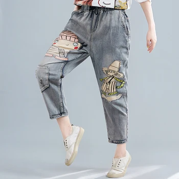 

Cartoon Korean distressed Jeans Plus Size Loose Jeans Casual Cartoon Applique with Holes Straight-Leg Trousers clothing 705G