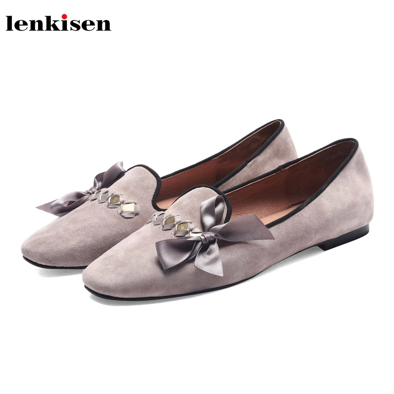 

Lenkisen new sweet butterfly-knot sheep suede square toe low flat concise style gorgeous riband autumn slip on women shoes L0f1
