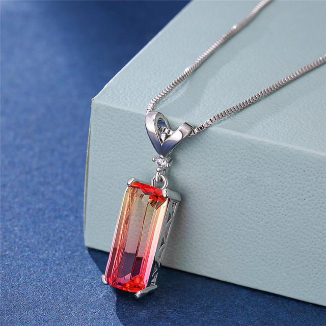 Female Blue Green Rainbow Stone Necklace Square Gemoetric Pendant Necklace Rose Gold Color Wedding Necklaces For Women