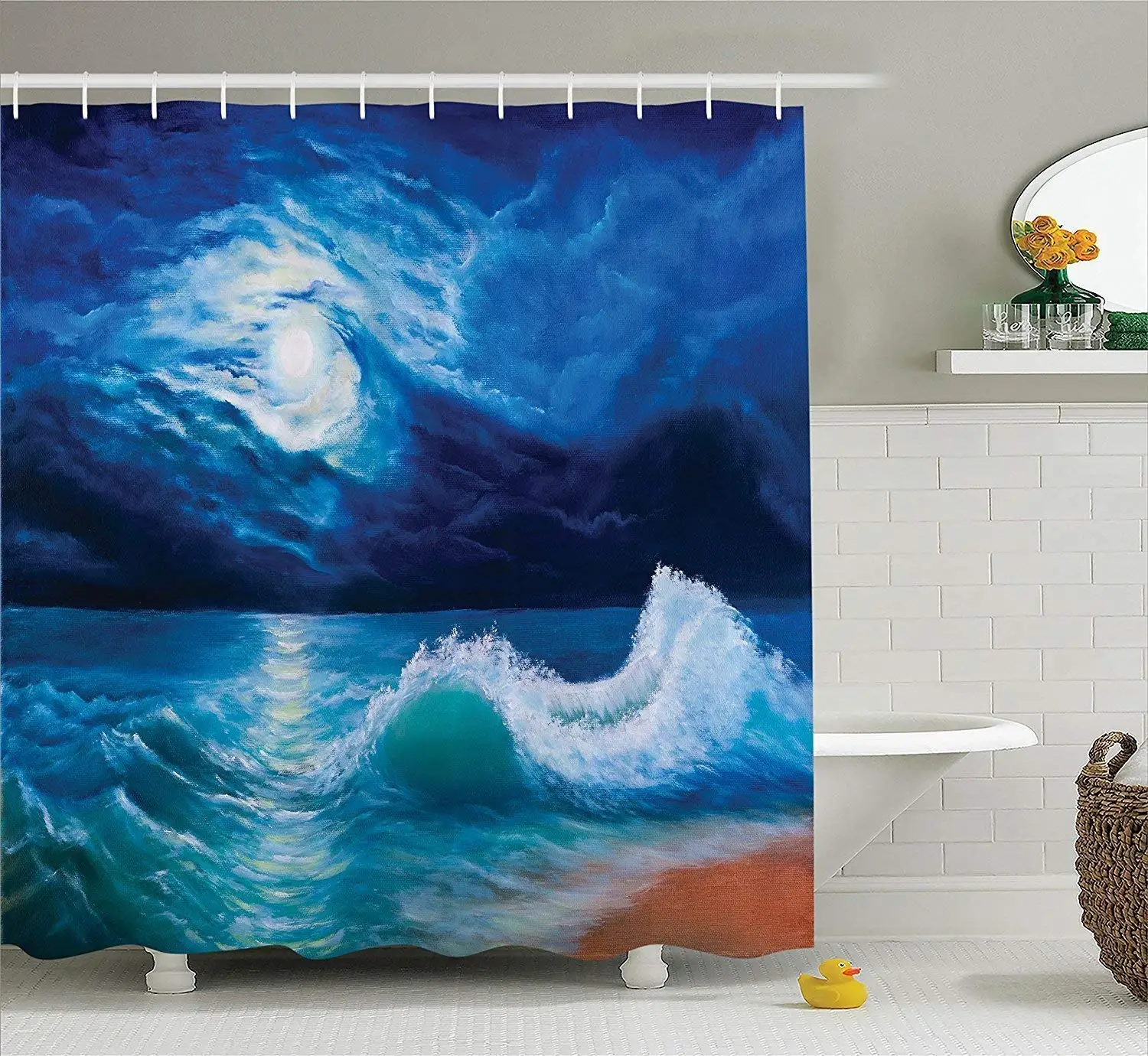 Ocean Decor Shower Curtain Set Moonlight Over Wavy Sea Dramatic Sky Beach Landscape Picture in Oil Painting Effect Navy White | Дом и сад