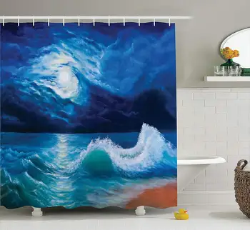

Ocean Decor Shower Curtain Set, Moonlight Over Wavy Sea Dramatic Sky Beach Landscape Picture in Oil Painting Effect, Navy White