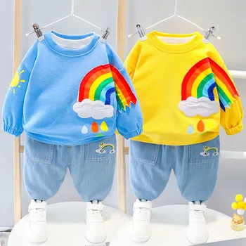 

Baby boy clothes autumn children's sweater suit cotton long-sleeved cartoon sun rainbow clothes jeans baby boy two-piece suit