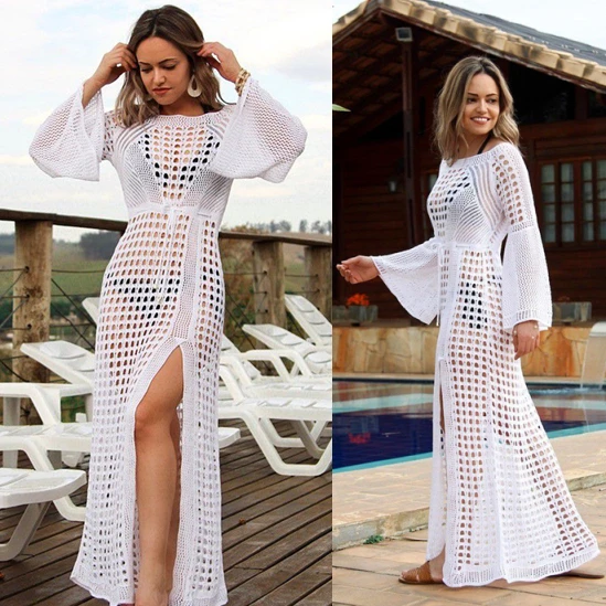 

Summer Flare Sleeve Crochet Beach Dress Women Fashion Tunic Swim Bikini Cover Up Sexy Hollow Out Side Split Maxi Sarong Bathing