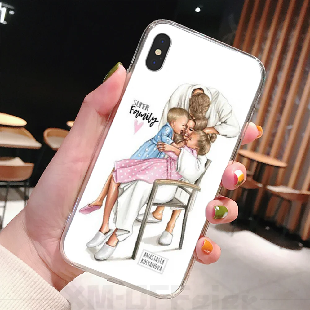 Чехол для телефона с коричневыми волосами мамы дочки сына папы iPhone 11 pro XS MAX 8 7 6 6S