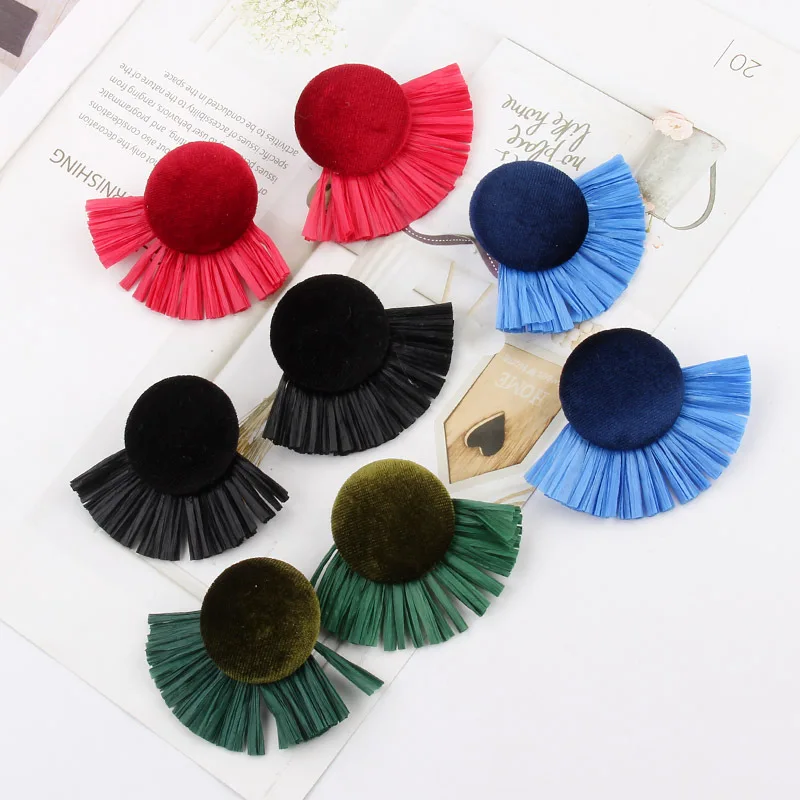 

Korean Geometric Multicolor Handmade Weave Lafite Drop Earrings For Women Boho sector Raffia Statement Earring Jewelry