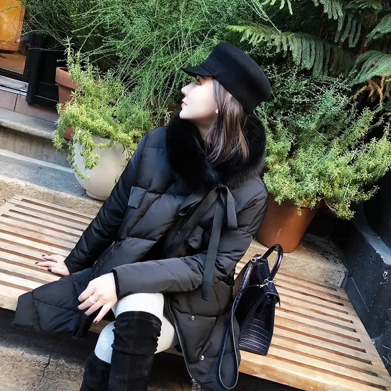 Осенне-зимняя женская парка пуховик куртка с лисой Мужская куртка с капюшоном 80% утиный пух женская зимняя верхняя одежда LF9091 - Цвет: Black